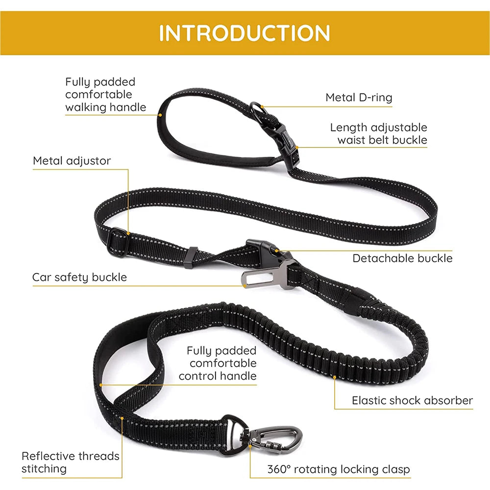 Hands Free Dog Leash 6 in 1 Waist Dog Lead Adjustable 8Ft Bungee Dog Leash with Nylon Double Handle for Walking/Running/Training