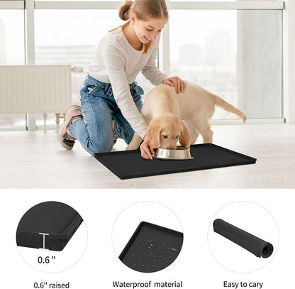 Silicone Dog Food Mat Waterproof Pet Feeding Tray for Small Medium Dogs | Non Slip Pet Bowl Placemat with 0.6 Inch Raised Edges and Flexible Roll up Design.Fits Most Spaces.Size 18.5" X 11.5"