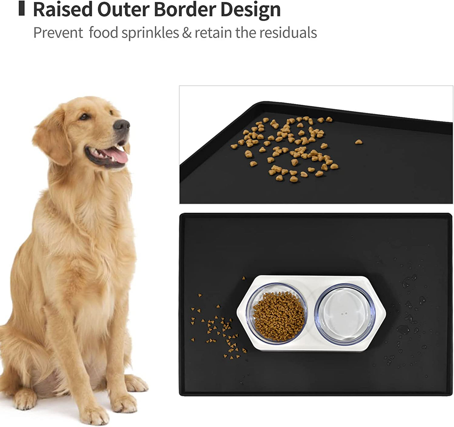 Silicone Dog Food Mat Waterproof Pet Feeding Tray for Small Medium Dogs | Non Slip Pet Bowl Placemat with 0.6 Inch Raised Edges and Flexible Roll up Design.Fits Most Spaces.Size 18.5" X 11.5"