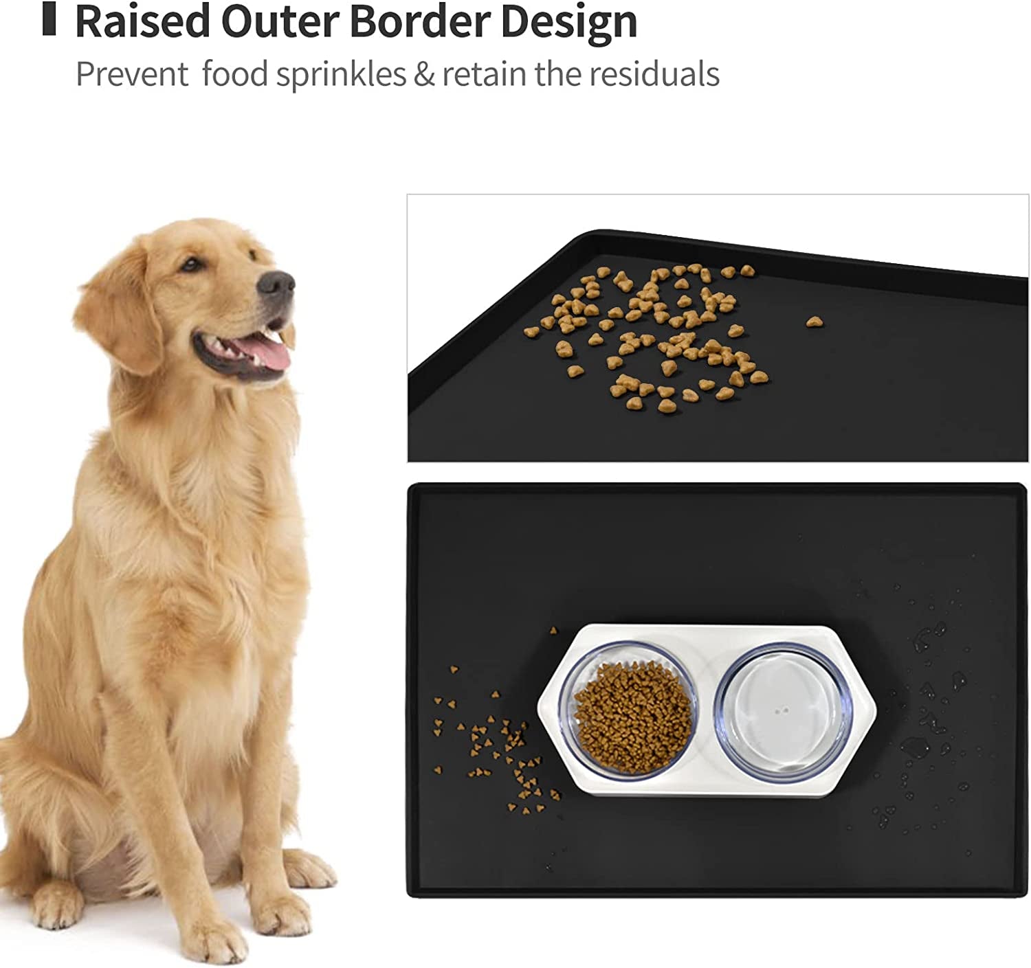 Silicone Dog Food Mat Waterproof Pet Feeding Tray for Small Medium Dogs | Non Slip Pet Bowl Placemat with 0.6 Inch Raised Edges and Flexible Roll up Design.Fits Most Spaces.Size 18.5" X 11.5"